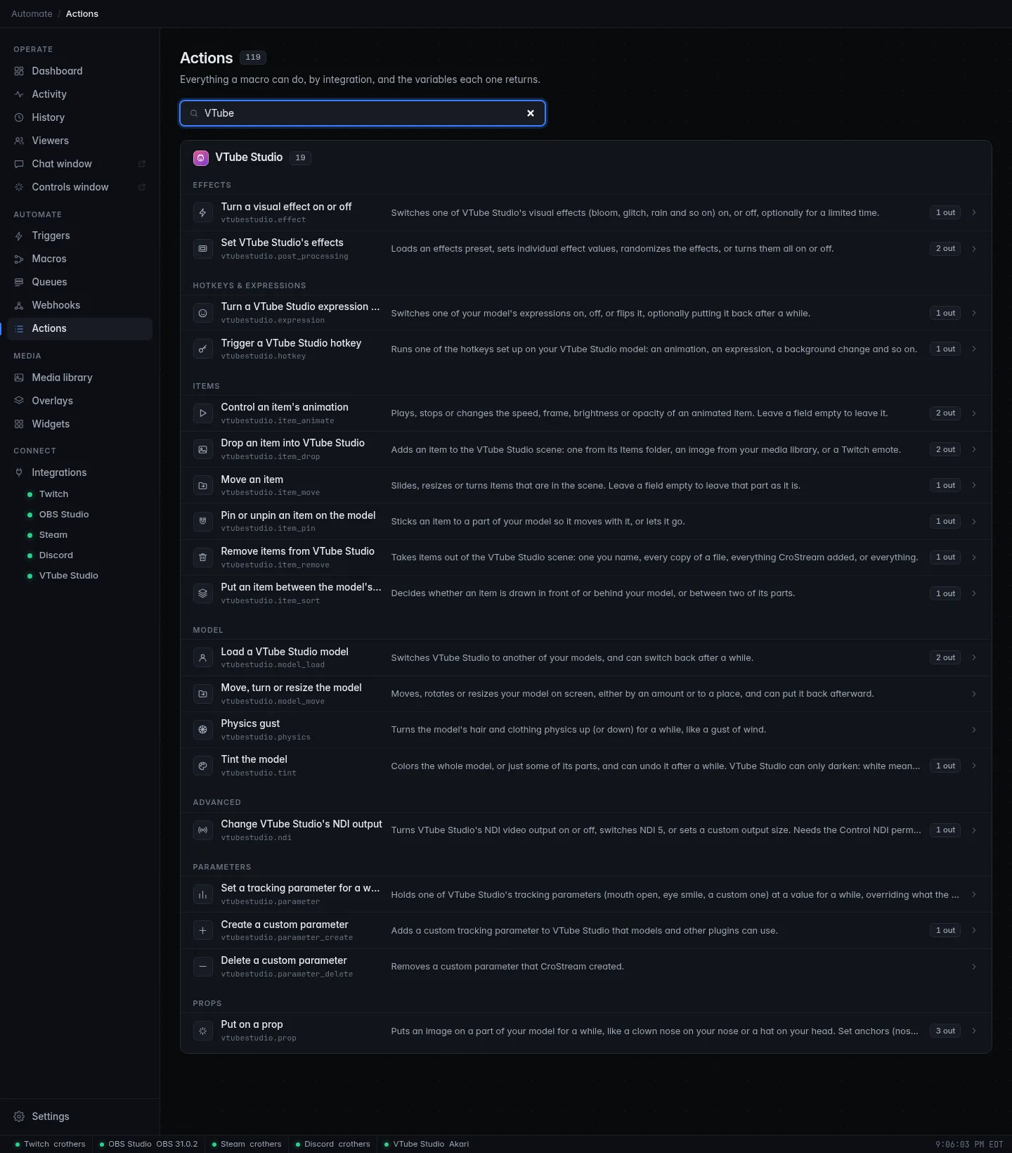 The Actions page filtered to VTube Studio: hotkeys, expressions, model, items, props, effects, parameters and advanced actions, each with a short description