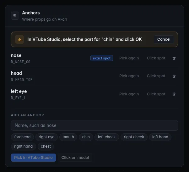 Picking a part: CroStream's banner says "In VTube Studio, select the part for nose and click OK"