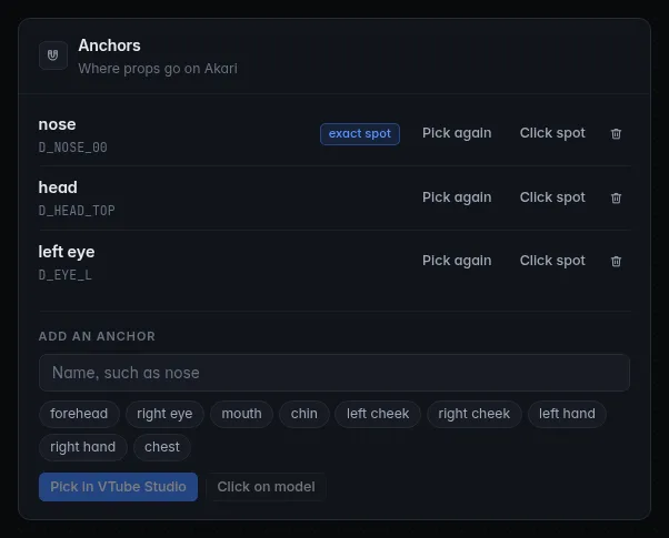 The Anchors card: anchors for the loaded model with the part each sits on, an "exact spot" tag, and the Add an anchor form with name suggestions