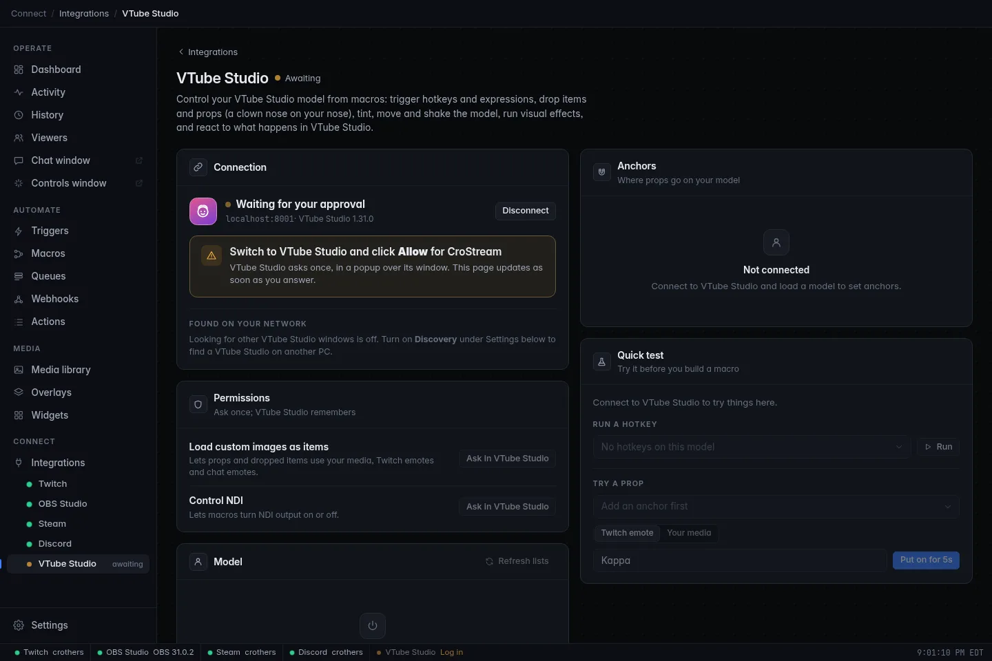 The Connection card waiting for approval: "Switch to VTube Studio and click Allow for CroStream"