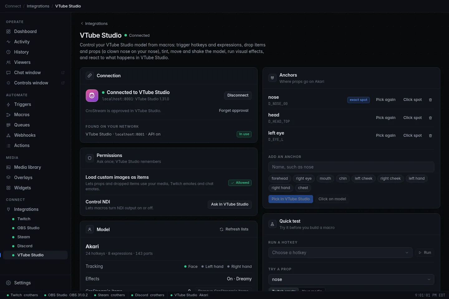 The VTube Studio panel showing Connected, the loaded model, and the permissions and anchors sections