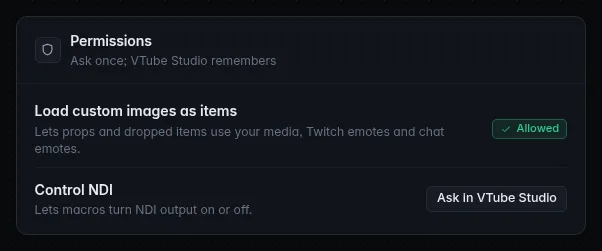 The Permissions card: Load custom images as items and Control NDI, each with an Ask in VTube Studio button