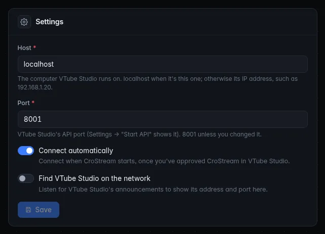 The VTube Studio Settings card: Host, Port, Connect automatically and Find VTube Studio on the network