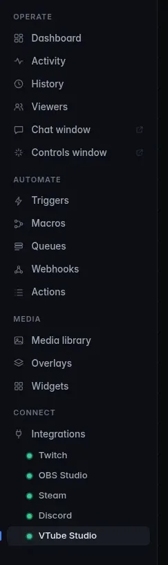 The sidebar's Integrations list with VTube Studio and its status dot