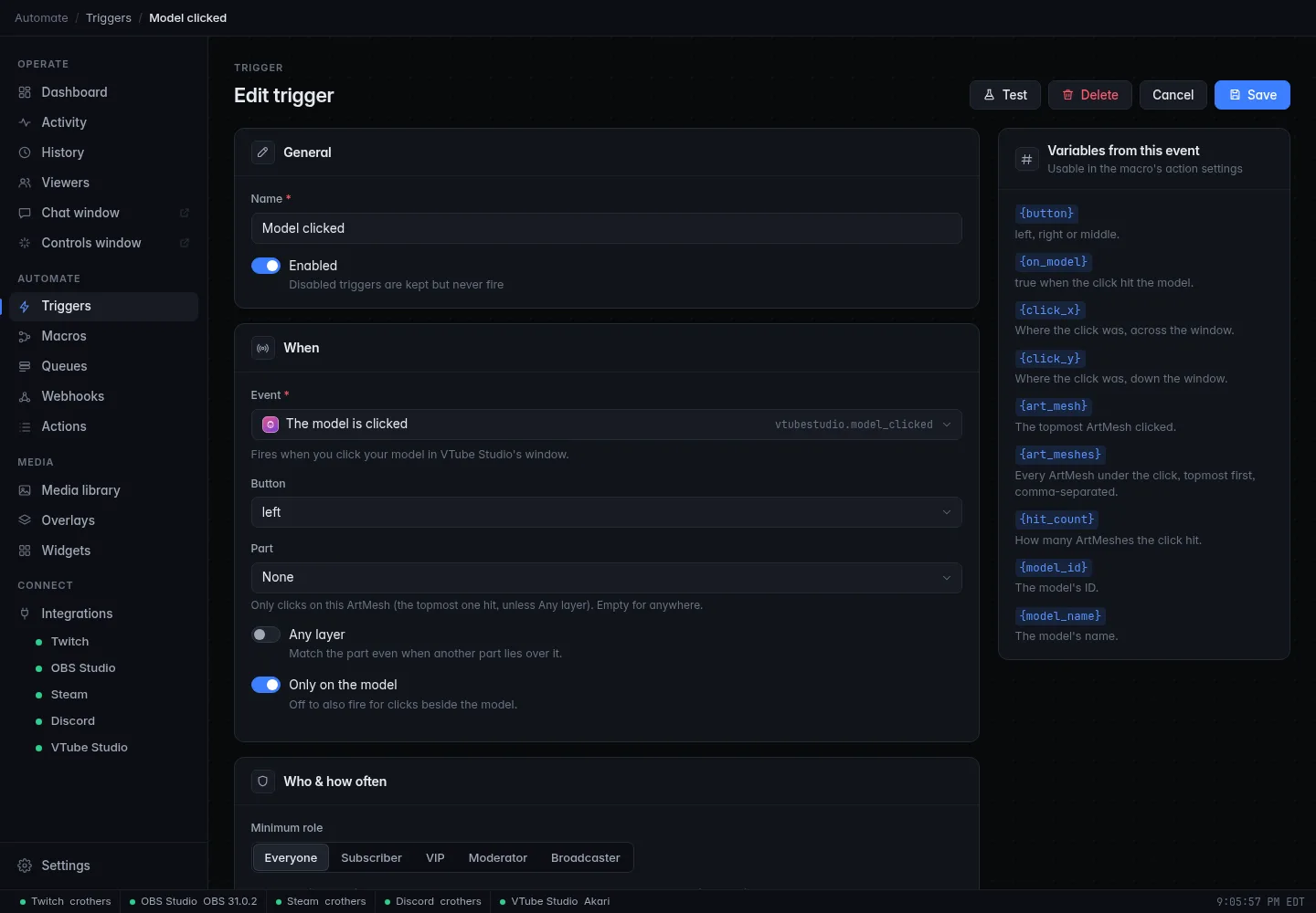 The trigger editor with "The model is clicked" chosen: the Button, Part, Any layer and Only on the model settings, and the variables this event provides