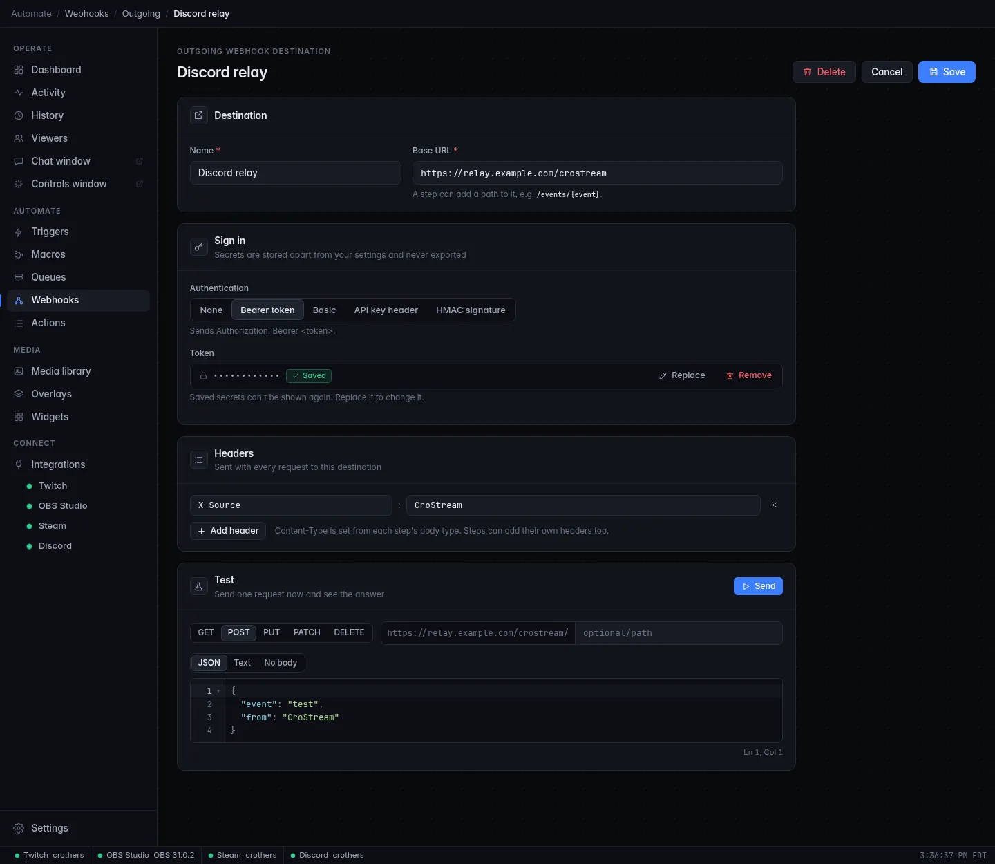 The destination editor: name and base URL, Sign in with a bearer token saved, a fixed header, and the Test panel