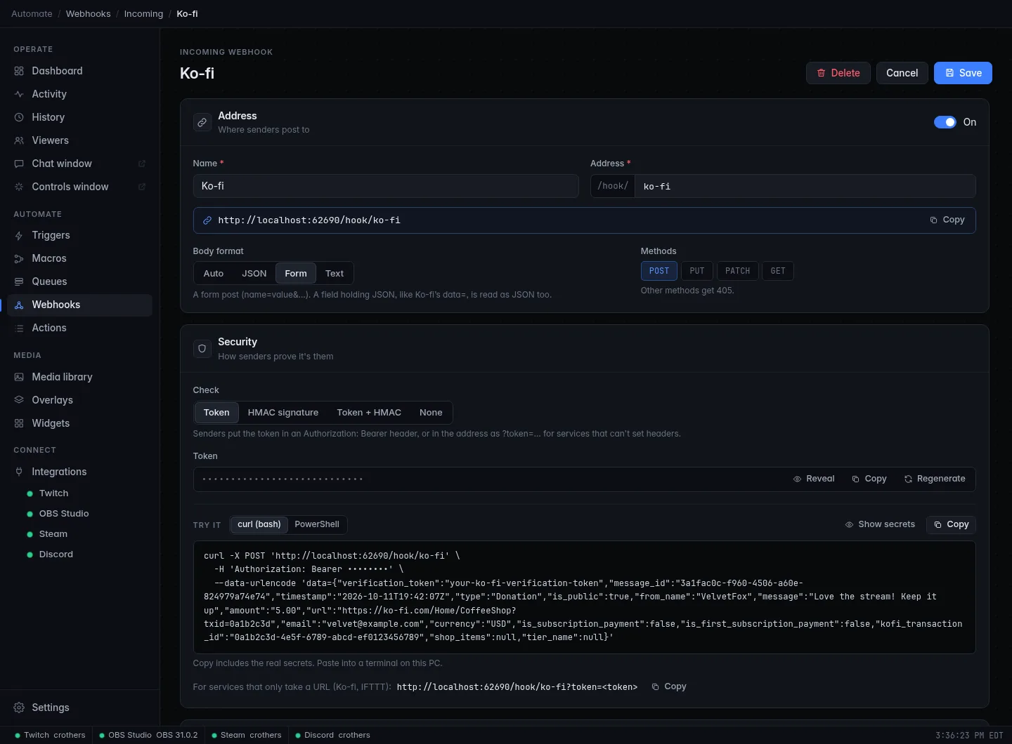 The incoming webhook editor: the Address panel with name, address, body format and methods, and the Security panel with the token and a ready-to-paste curl command