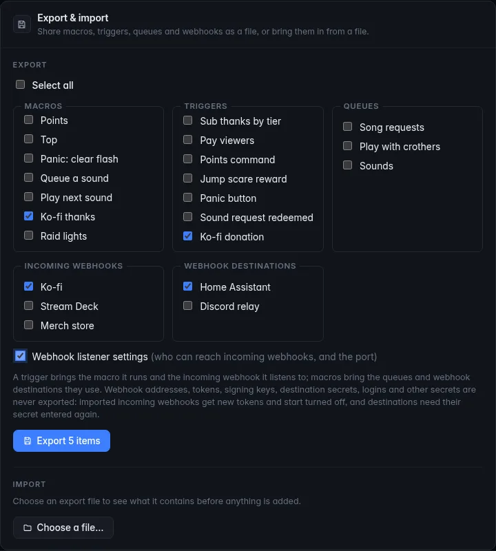 The Export & import panel with a Ko-fi macro, trigger and webhook and a destination ticked, and the Webhook listener settings box