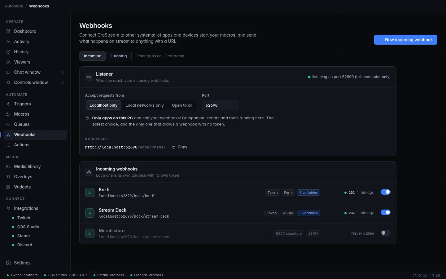 The Webhooks page: the Listener panel and the list of incoming webhooks, each with its address, how it checks senders, how it reads the body and when it was last called