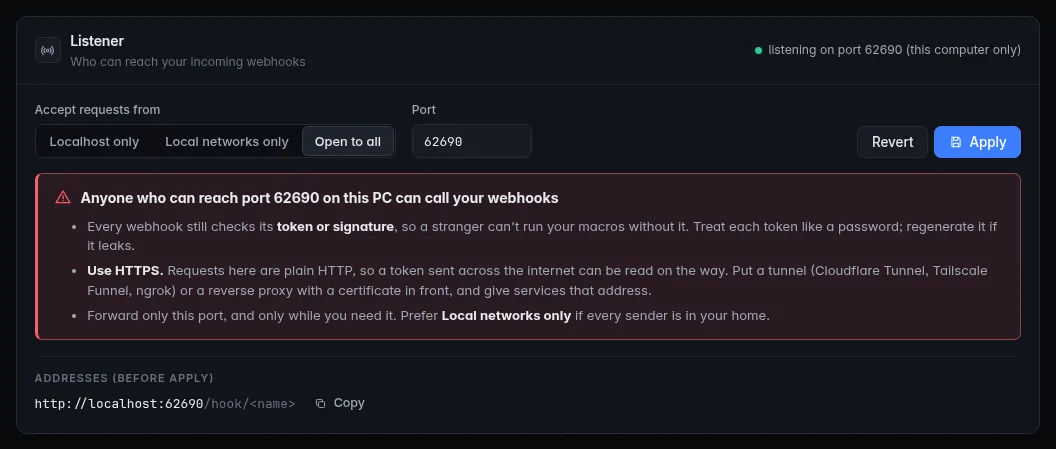 The Listener panel with Open to all chosen: the red warning explains tokens, HTTPS and forwarding only the one port