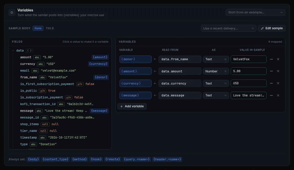 The Variables panel: the sample body as a clickable tree on the left, the mapped variables with their values on the right