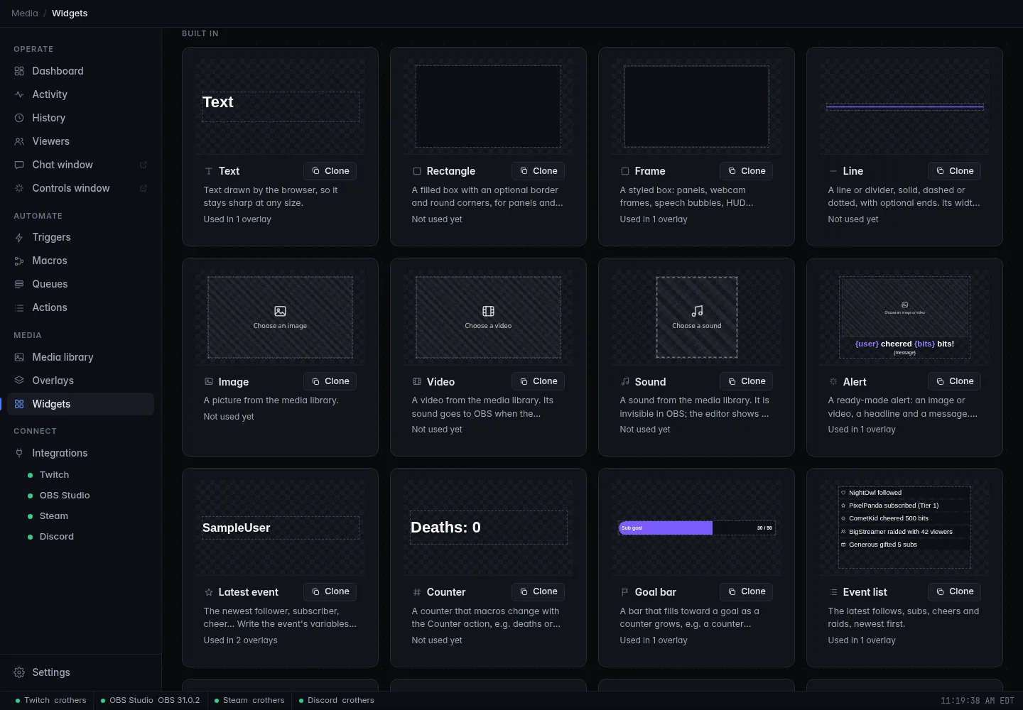 The Built in section of the Widgets library: cards for Text, Rectangle, Frame, Line, Image, Video, Sound, Alert, Latest event, Counter, Goal bar and Event list, each with a live preview, a short description, how many overlays use it and a Clone button
