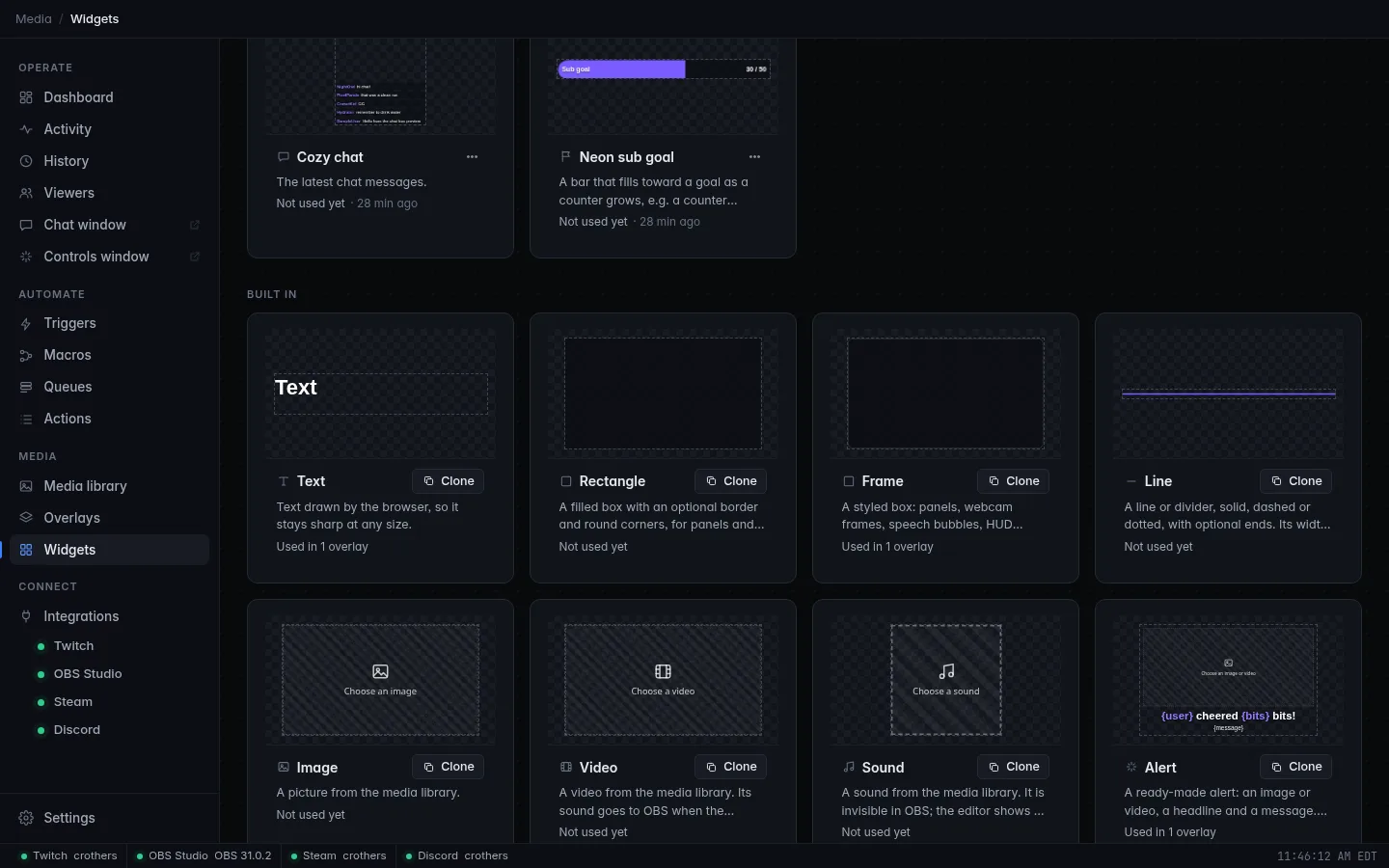 The Widgets page with built-in Text, Rectangle, Frame and Line widgets ready to clone.